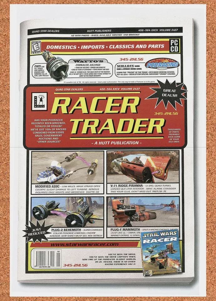 1998 Star Wars Episode I Racer PC Original Advertisement / Retro Wall Art