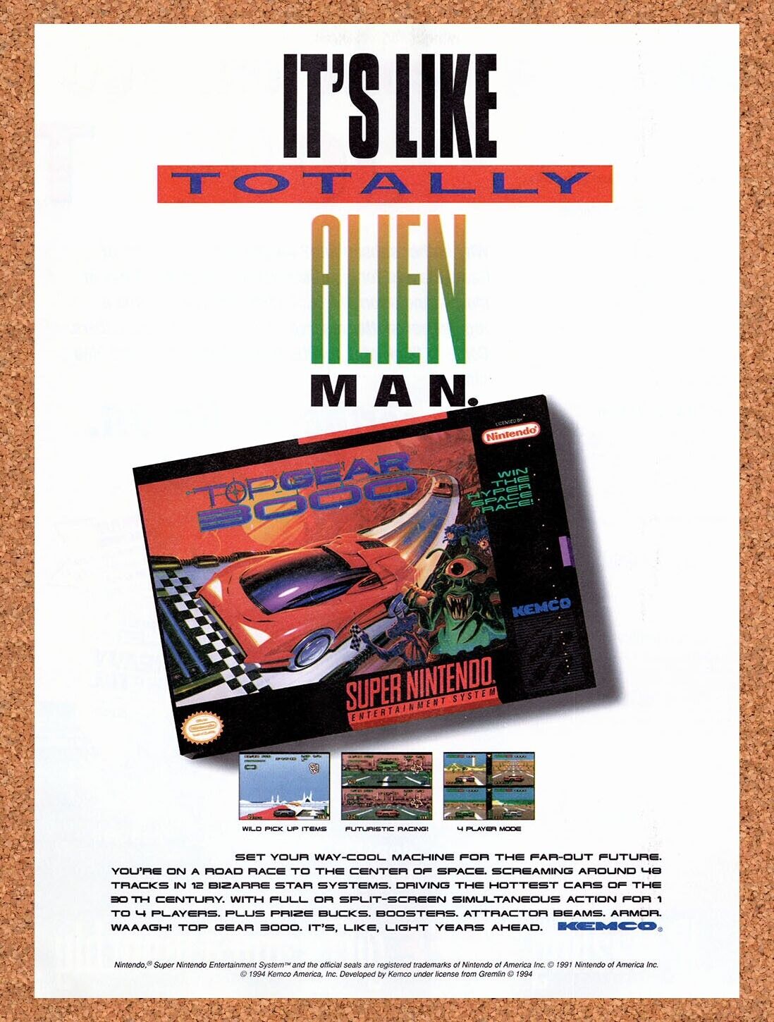 1994 Top Gear 2001 SNES Original Advertisement / Retro Wall Art v1