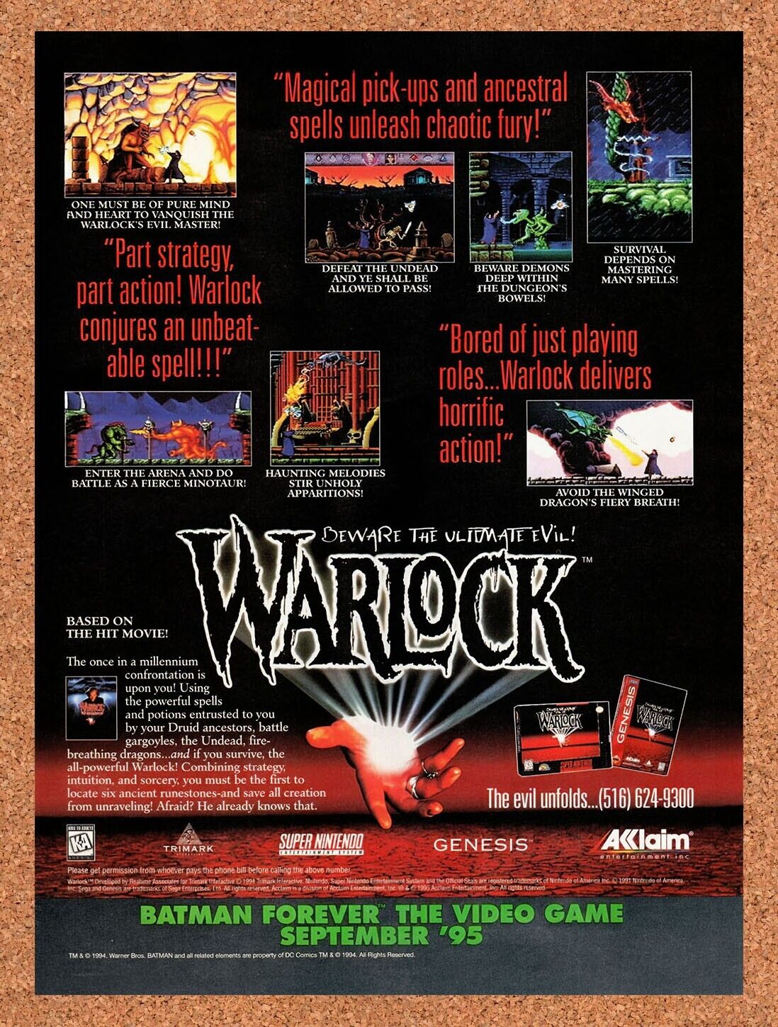 1995 Warlock SNES Original Advertisement / Retro Wall Art v2