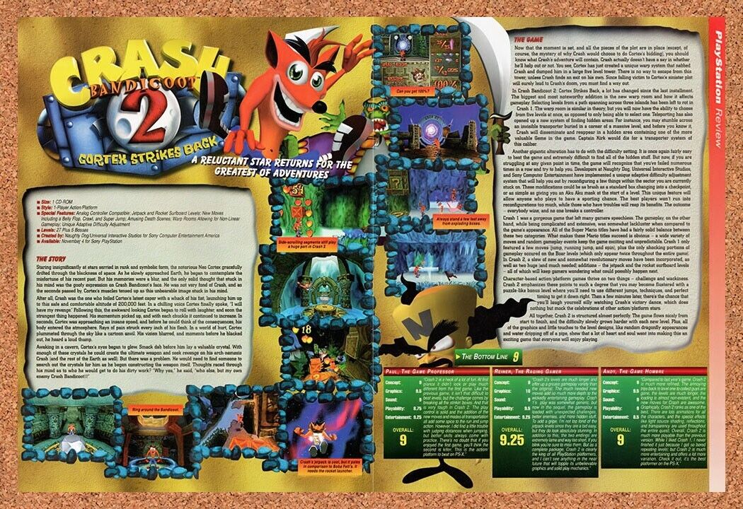 1997 Crash Bandicoot 2 Cortex Strikes Back PS1 Original Ad / Retro Wall Art v1