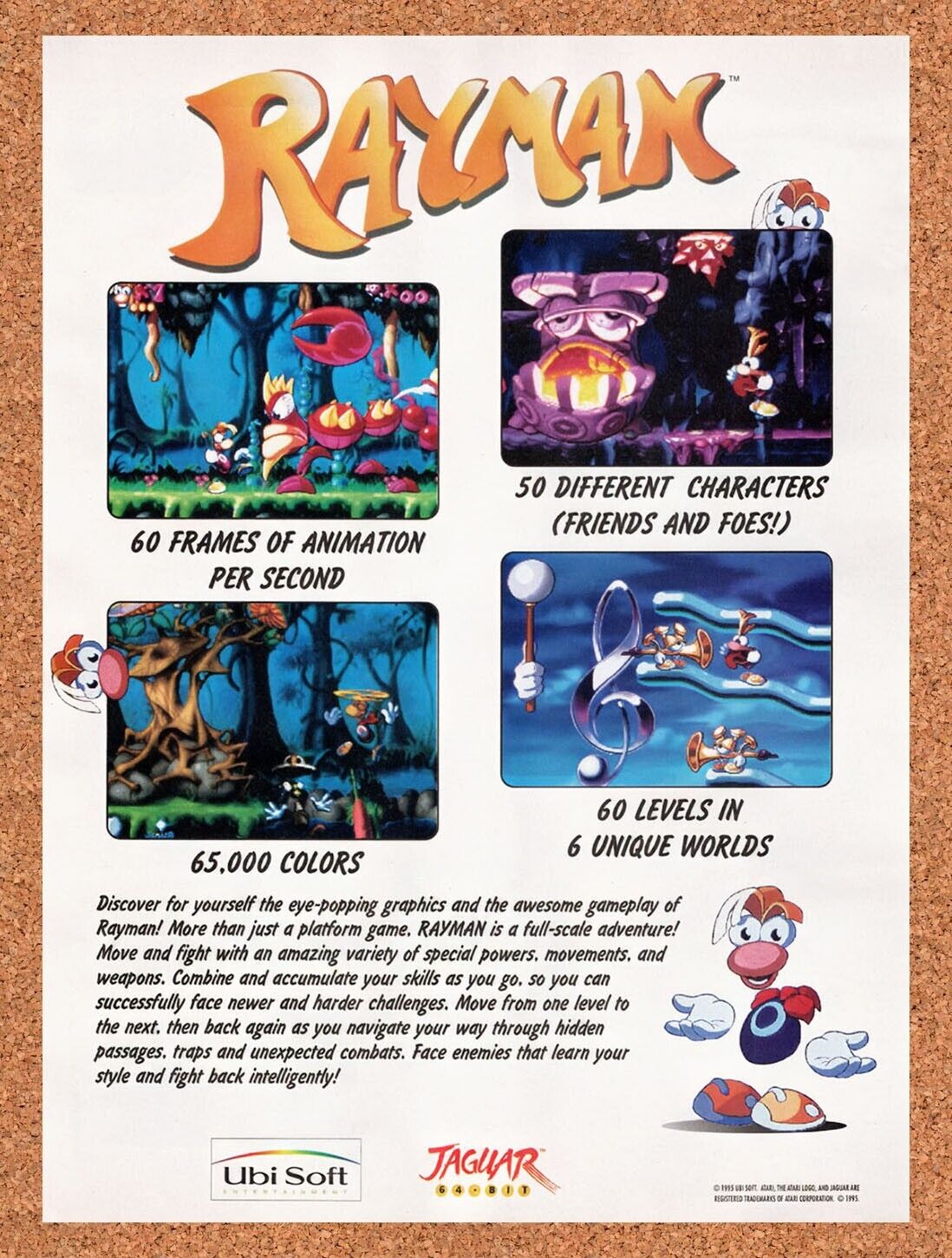 1995 Rayman Jaguar Original Advertisement / Retro Wall Art v4