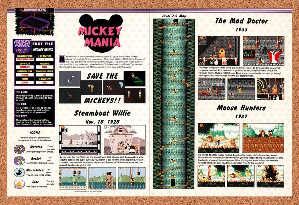 1994 Mickey Mania Genesis Original Advertisement / Retro Promo vr1