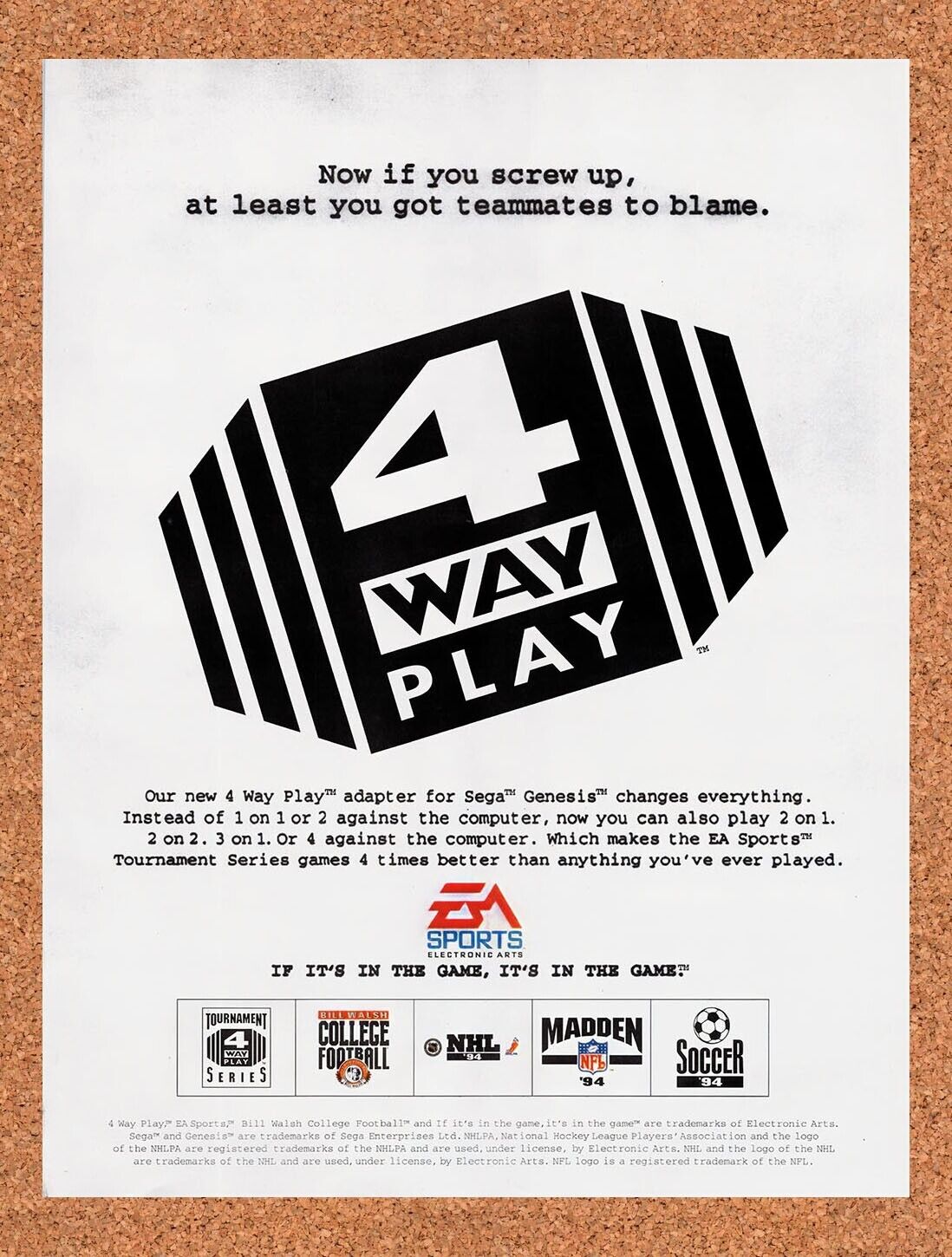 1993 EA 4 Way Play Genesis Adapter Original Advertisement / Retro Wall Art v2