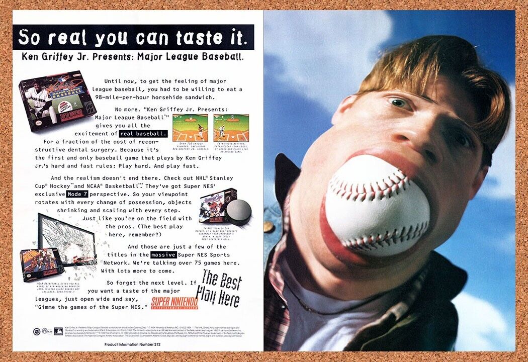 1994 Ken Griffey Jr Presents Major League Baseball SNES Original Ad / Wall Art
