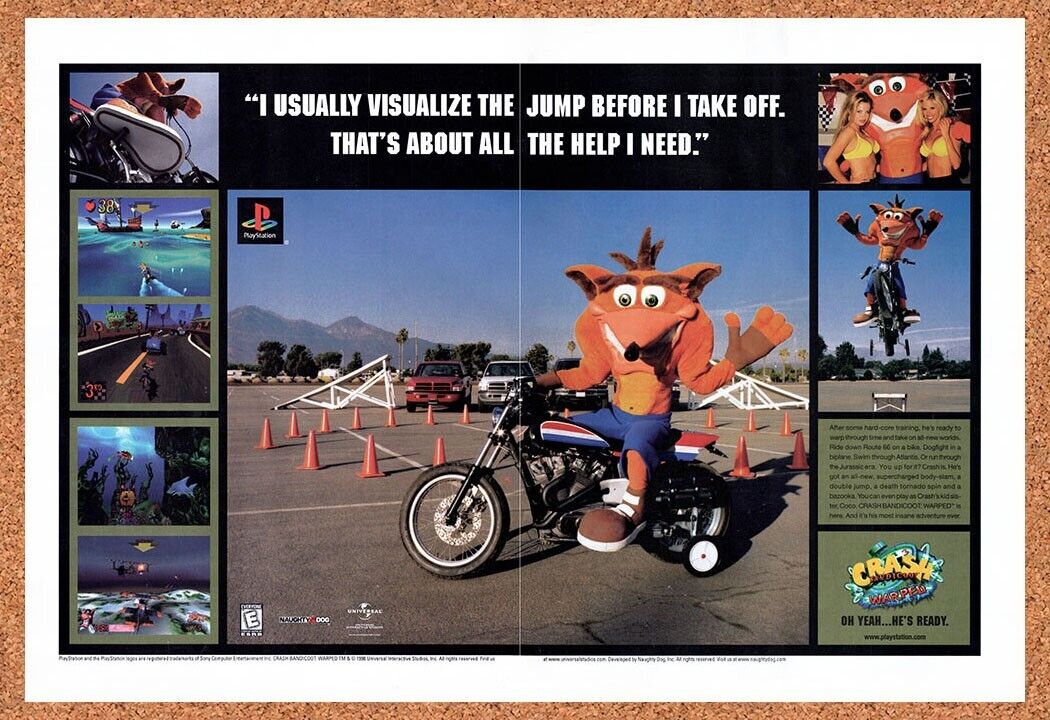1998 Crash Bandicoot Warped PS1 Original Advertisement / Retro Wall Art v2