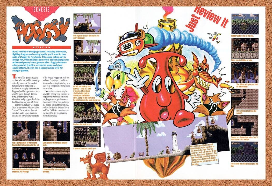 Pugsy Genesis Original 1993 Vintage Ad - Video Game Review Promo