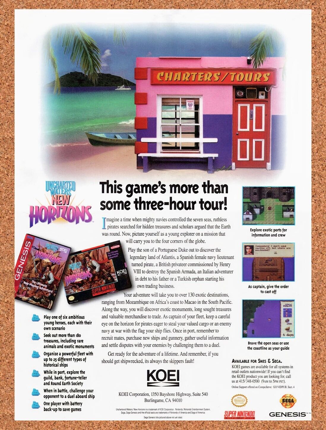 1994 Uncharted Waters New Horizons SNES Original Ad / Retro Wall Art v1