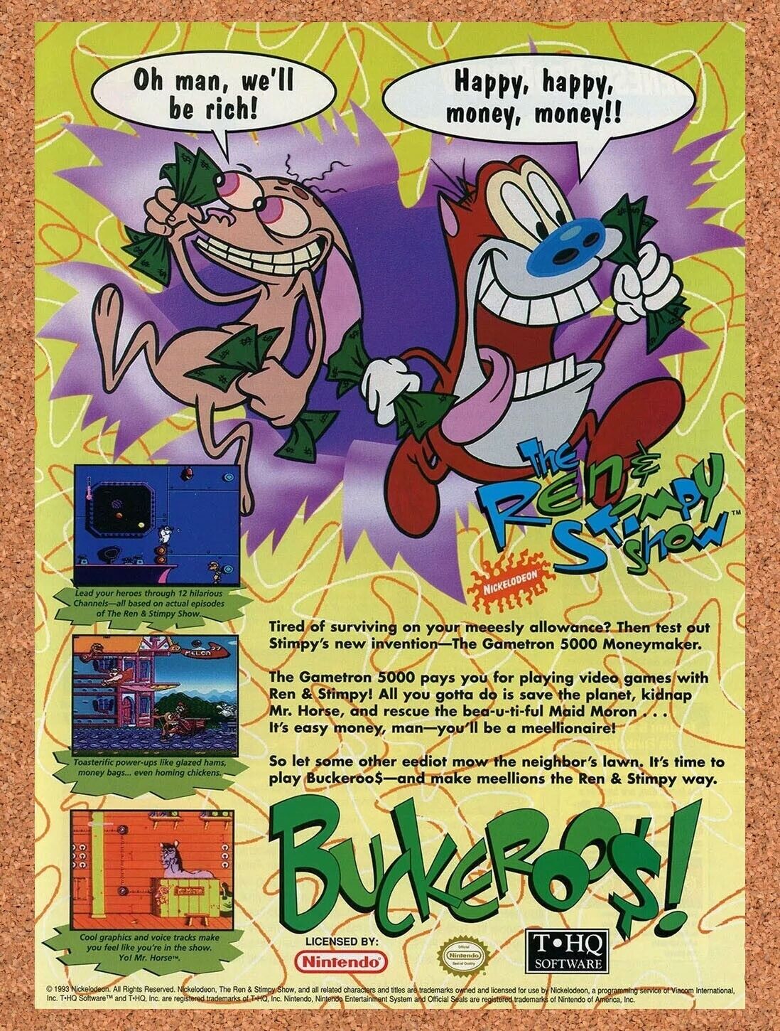 Ren And Stimpy Buckeroos SNES Original 1994 Ad Authentic Video Game Promo