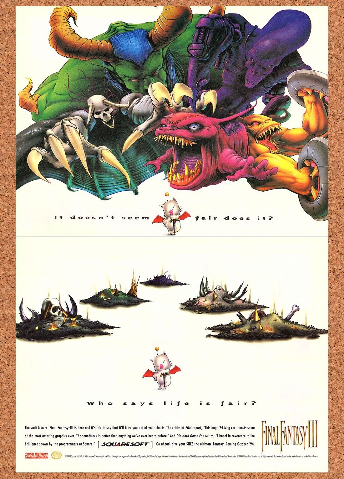 Final Fantasy III SNES Original 1994 Ad Authentic Squaresoft Video Game Promo