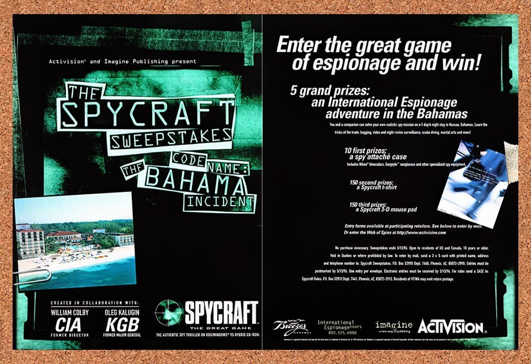 1996 Spycraft The Great Game Sweepstakes Original Advertisement / Retro Promo v9