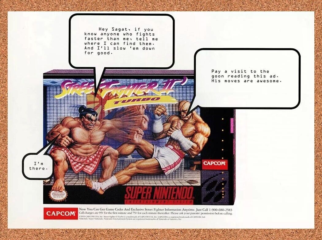Street Fighter II Turbo SNES Original 1995 Ad Authentic Capcom Game Promo v2