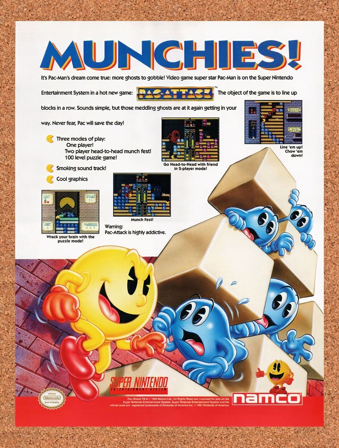 1993 Pac-Attack SNES Original Advertisement / Retro Wall Art v1