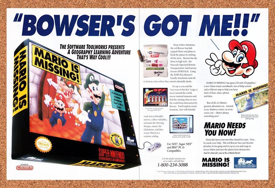1993 Mario Is Missing SNES Original Advertisement / Retro Wall Art v2