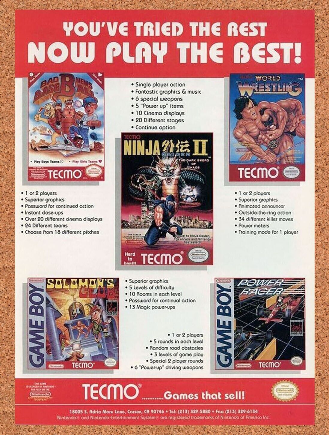 Tecmo Ninja Gaiden II NES Original 1990 Ad Authentic Nintendo Game Promo v2
