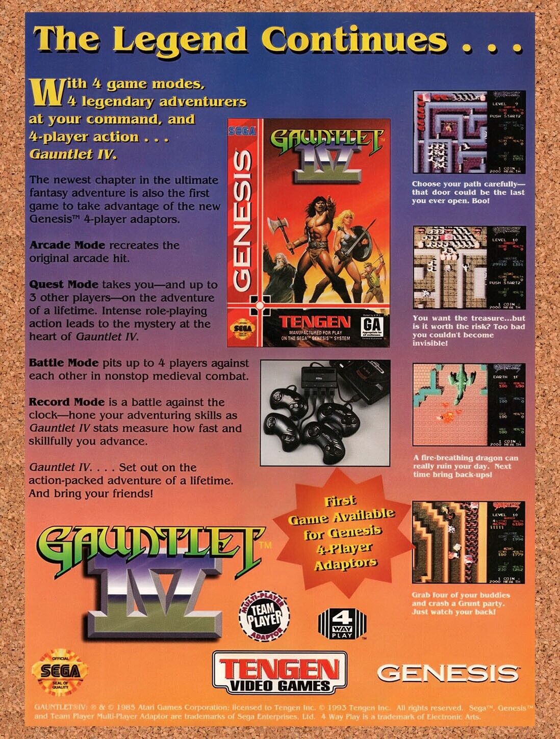 1993 Gauntlet IV Genesis Original Advertisement / Retro Wall Art v3