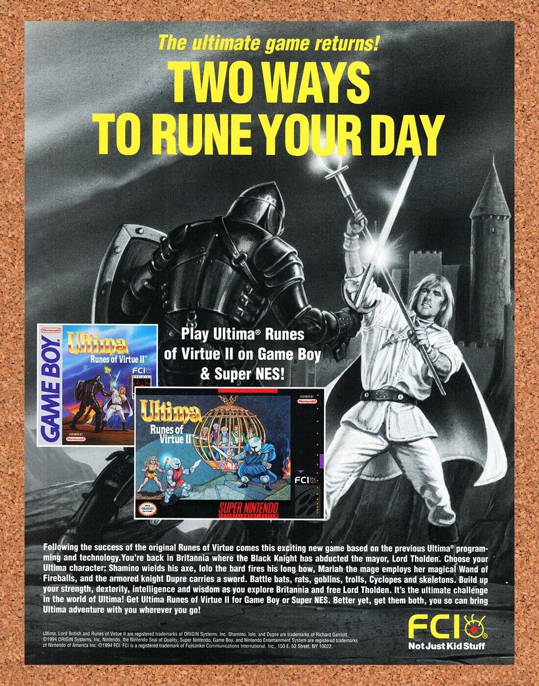 Ultima Runes Of Virtue II SNES Original 1994 Ad Authentic RPG Video Game Promo