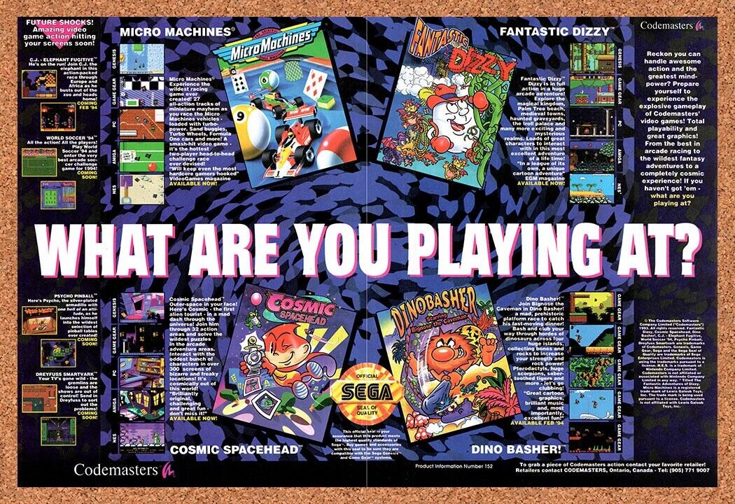 1994 Codemasters Genesis Games Original Advertisement / Retro Wall Art v1
