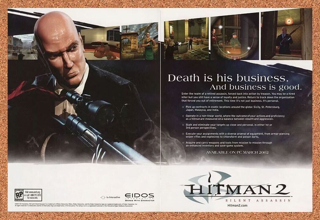 Hitman 2 PC Silent Assassin Original 2004 Ad Authentic Video Game Promo v4