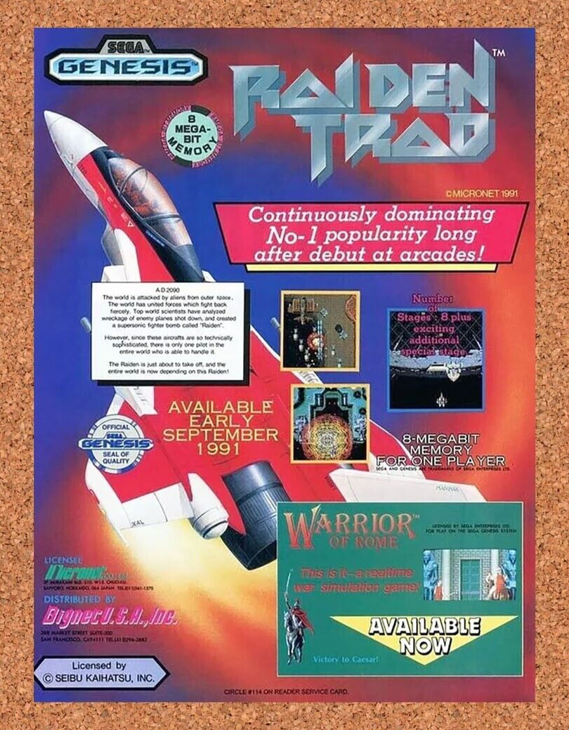 Raiden Trad Genesis Original 1993 Ad Authentic Sega Video Game Promo v1