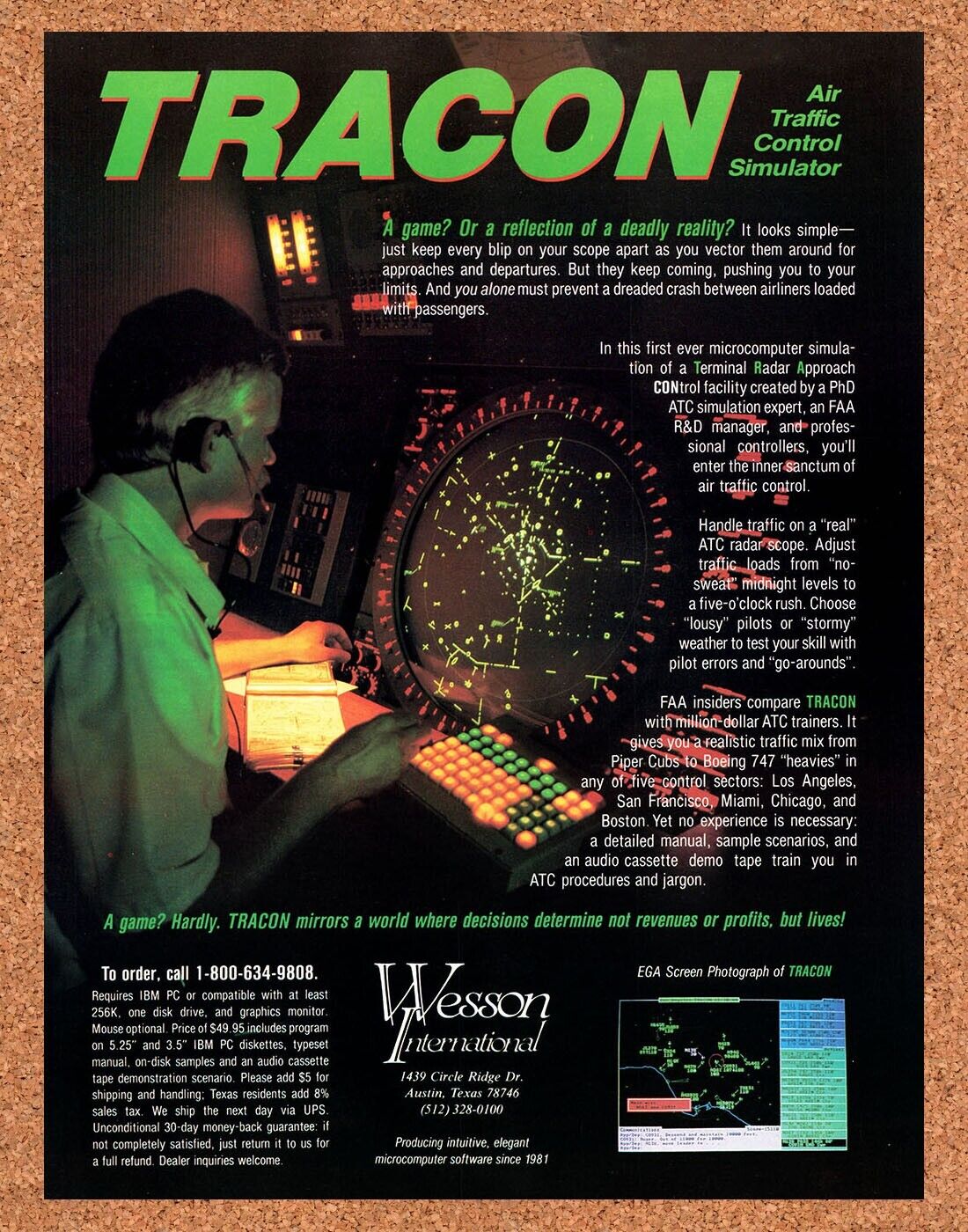 Tracon Air Traffic Control Simulator IBM PC Original 1988 Vintage Ad