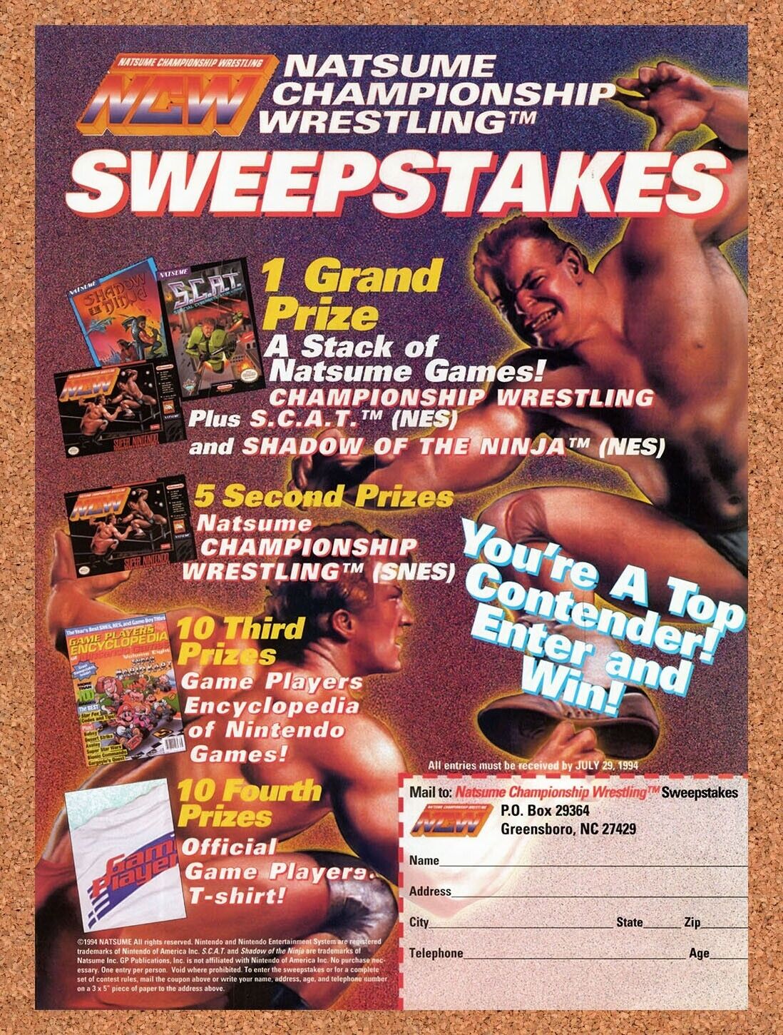 1994 Natsume Championship Wrestling Sweepstakes Original Ad / Retro Wall Art v2