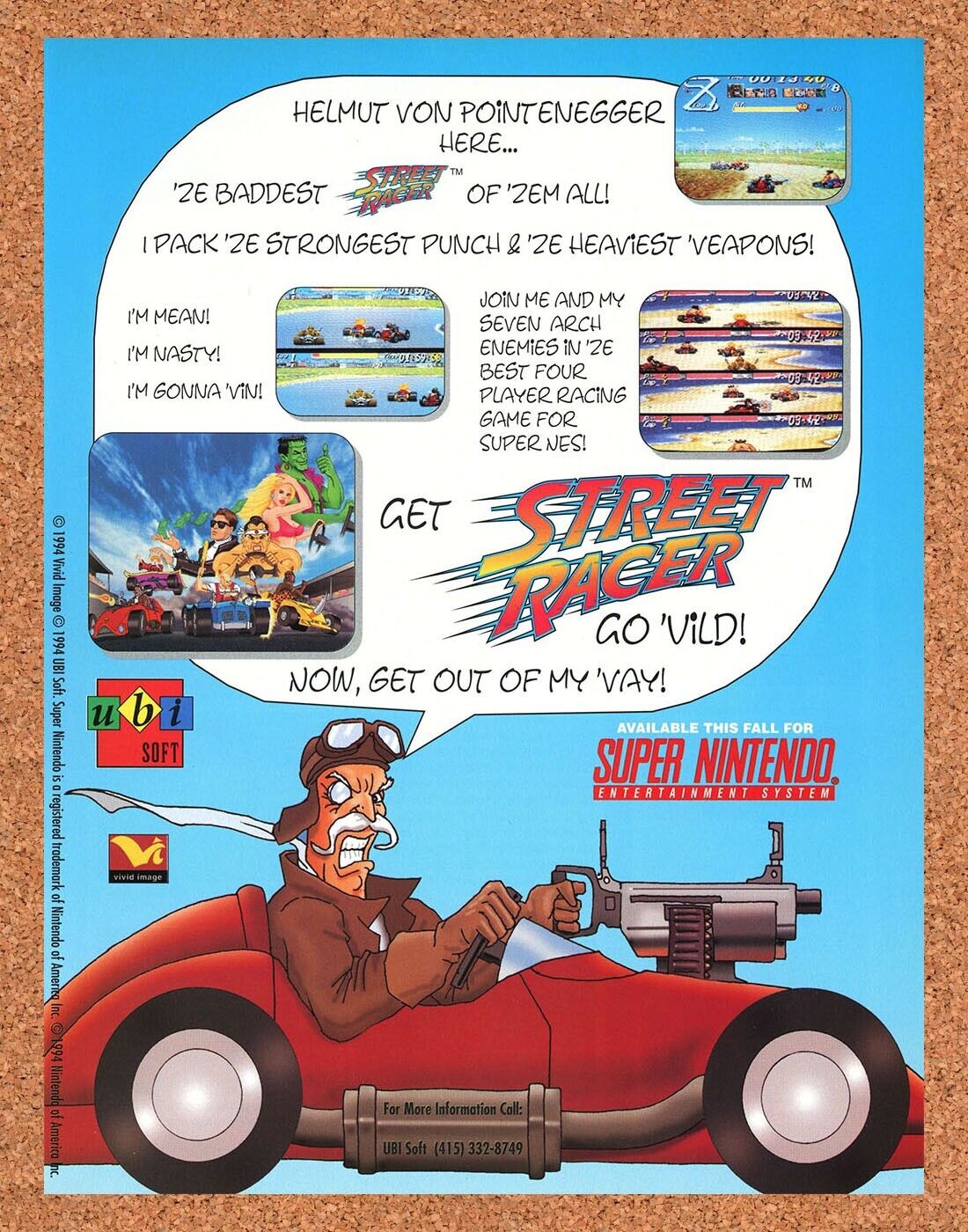 Street Racer SNES Original 1994 Print Ad Authentic Retro Racing Video Game Promo