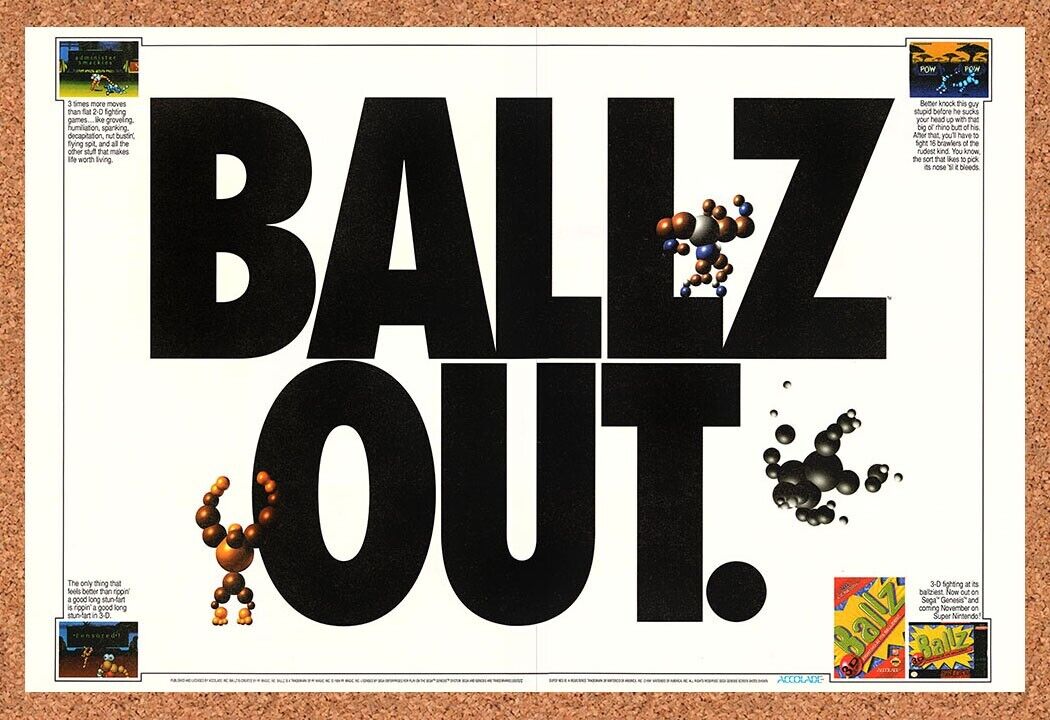 Ballz SNES Original 1994 Print Ad Authentic Lewd Nintendo Video Game Art Promo
