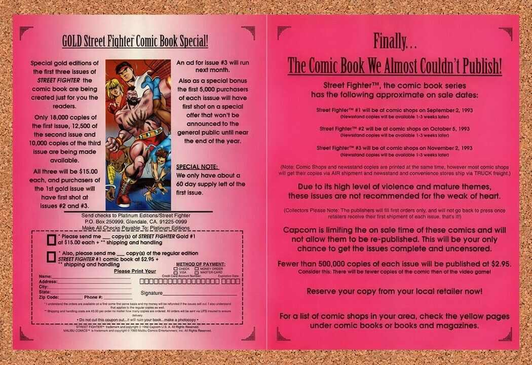 1993 Street Fighter Gold Comic Book Special Original Ad / Retro Wall Art v3