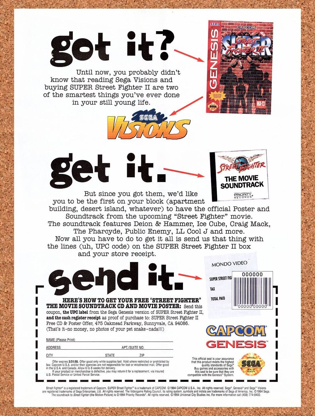 1995 Street Fighter Movie Soundtrack Order Form Original Ad / Retro Wall Art v1