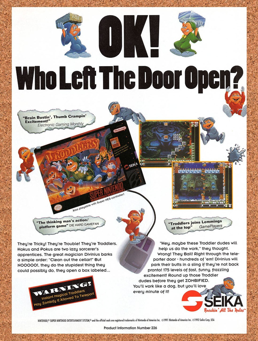 1993 Troddlers SNES Original Advertisement / Retro Wall Art v1