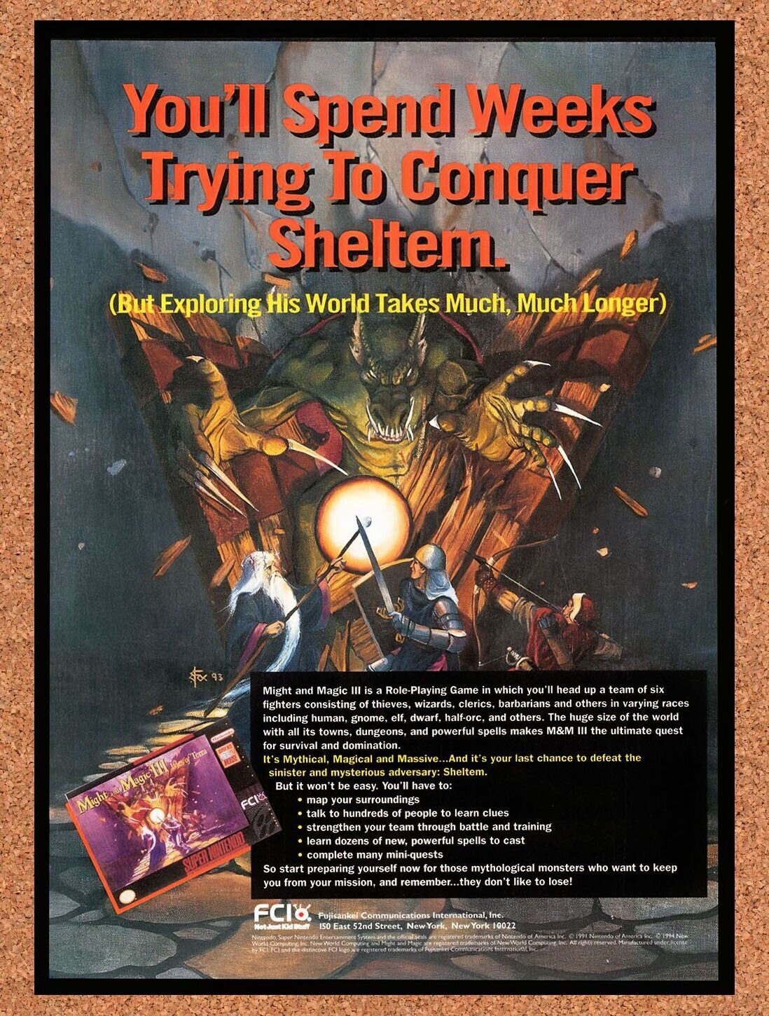 1995 Might And Magic III Isles Of Terra SNES Original Ad / Retro Wall Art v2