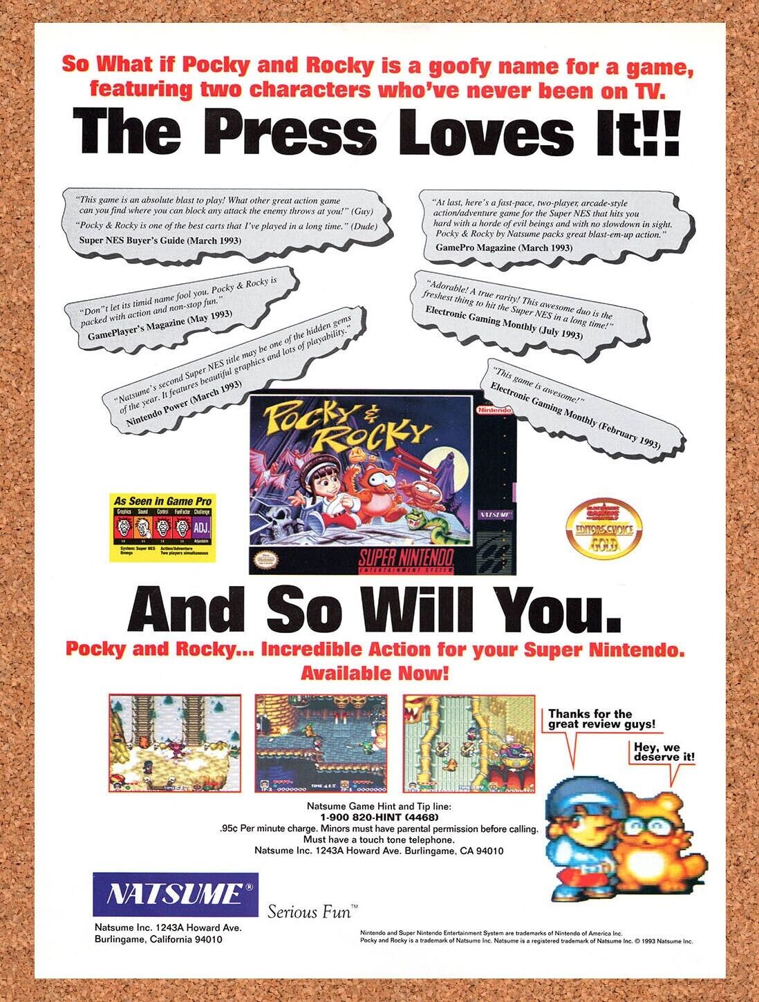 1993 Pocky & Rocky SNES Original Advertisement / Retro Wall Art v1