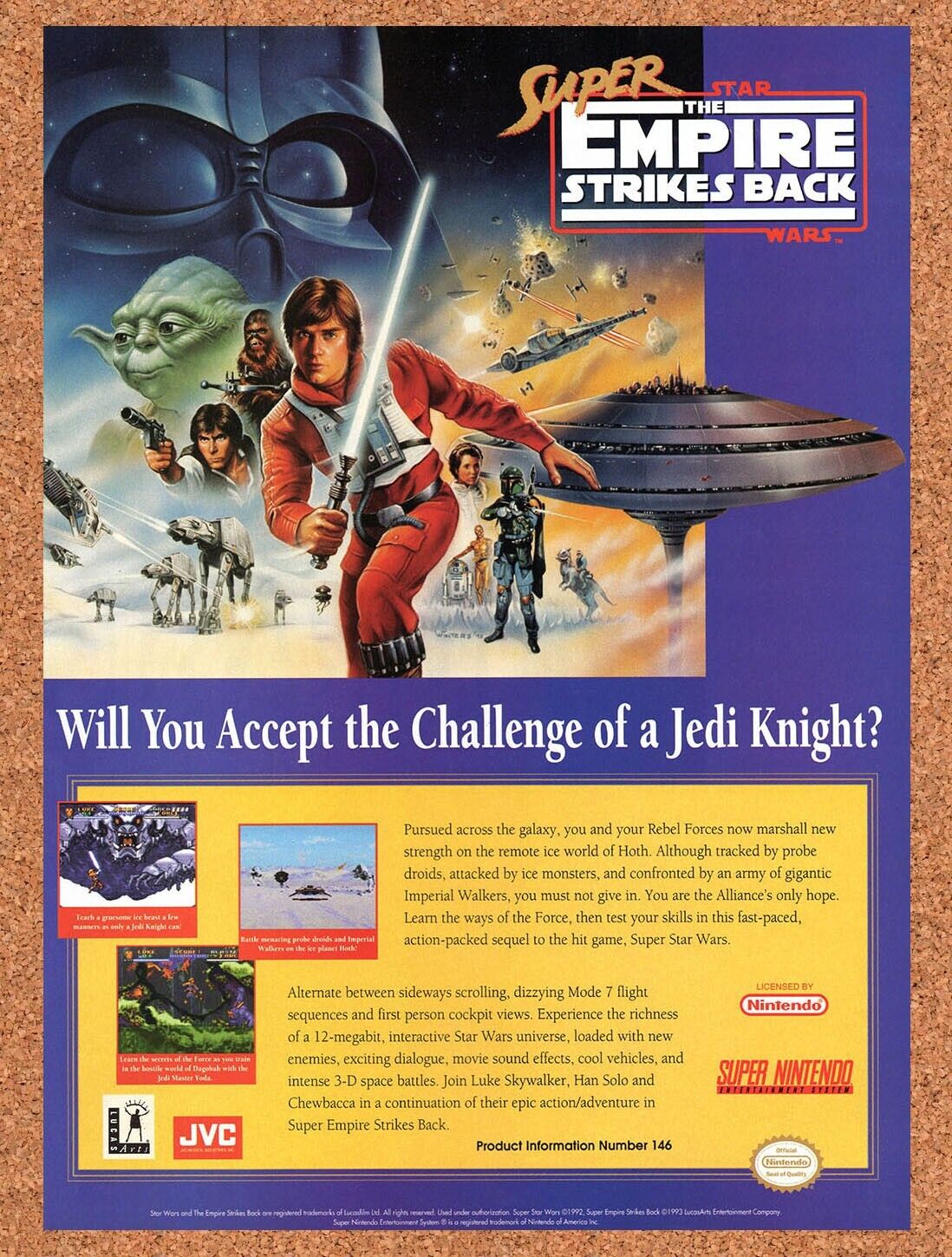 1993 Super Empire Strikes Back SNES Original Advertisement / Retro Wall Art v1