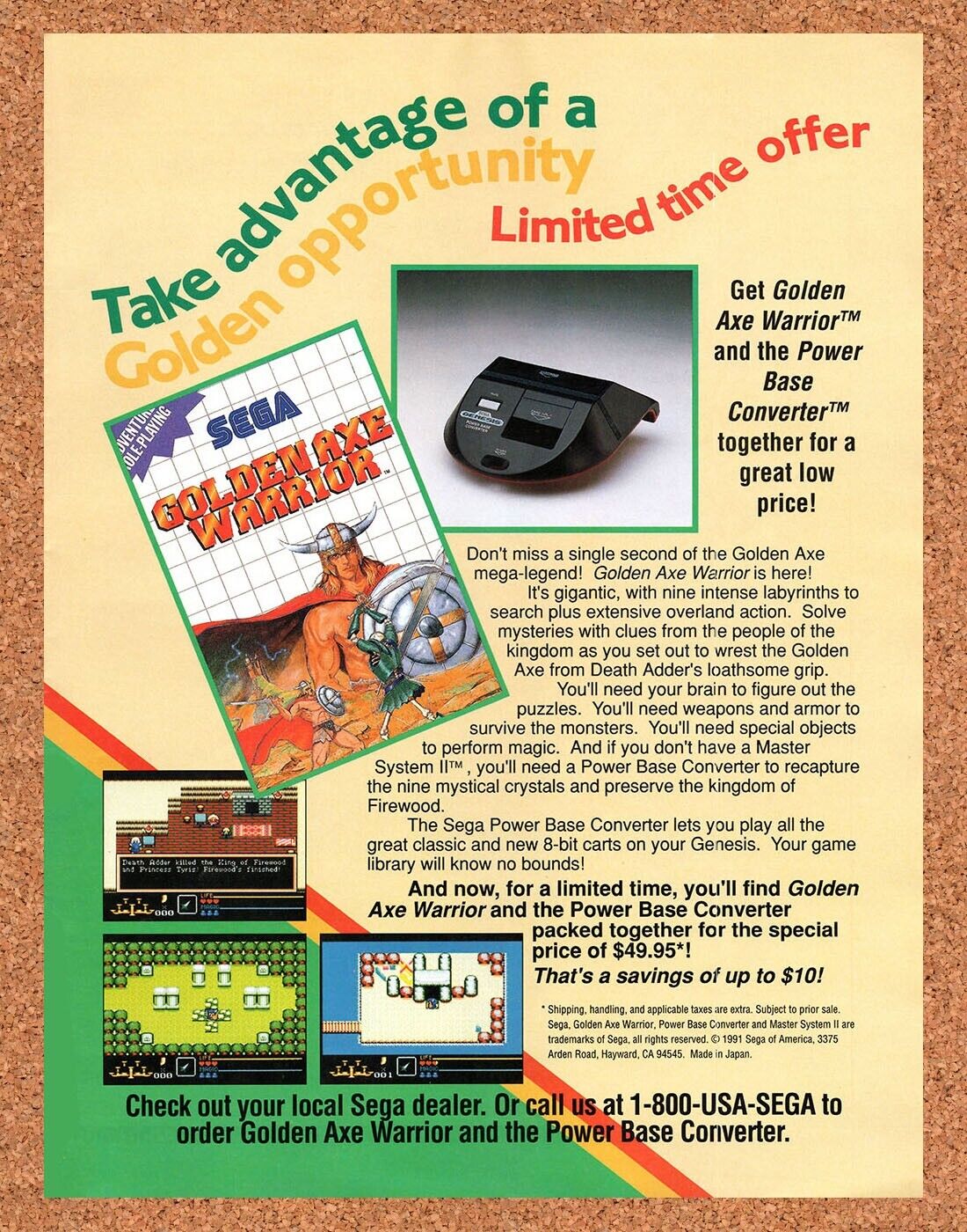 1991 Golden Axe Warrior Master System Original Ad / Retro Wall Art v1