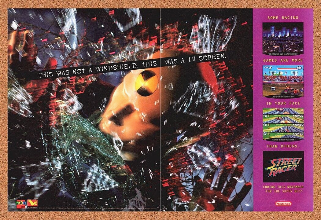 Street Racer SNES Original 1994 Print Ad Authentic Racing Video Game Art Promo