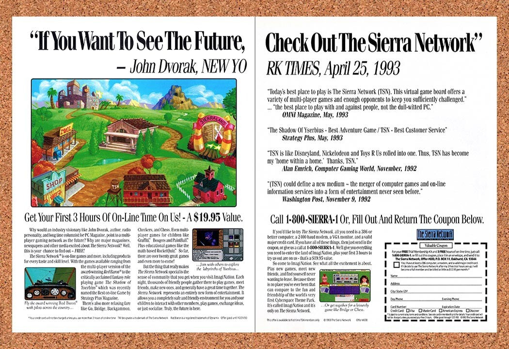 1993 Sierra Network Online Gaming Network Original Ad / Retro Wall Art v1