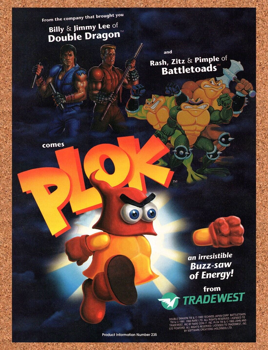 1993 Plok SNES Original Advertisement / Retro Wall Art v1