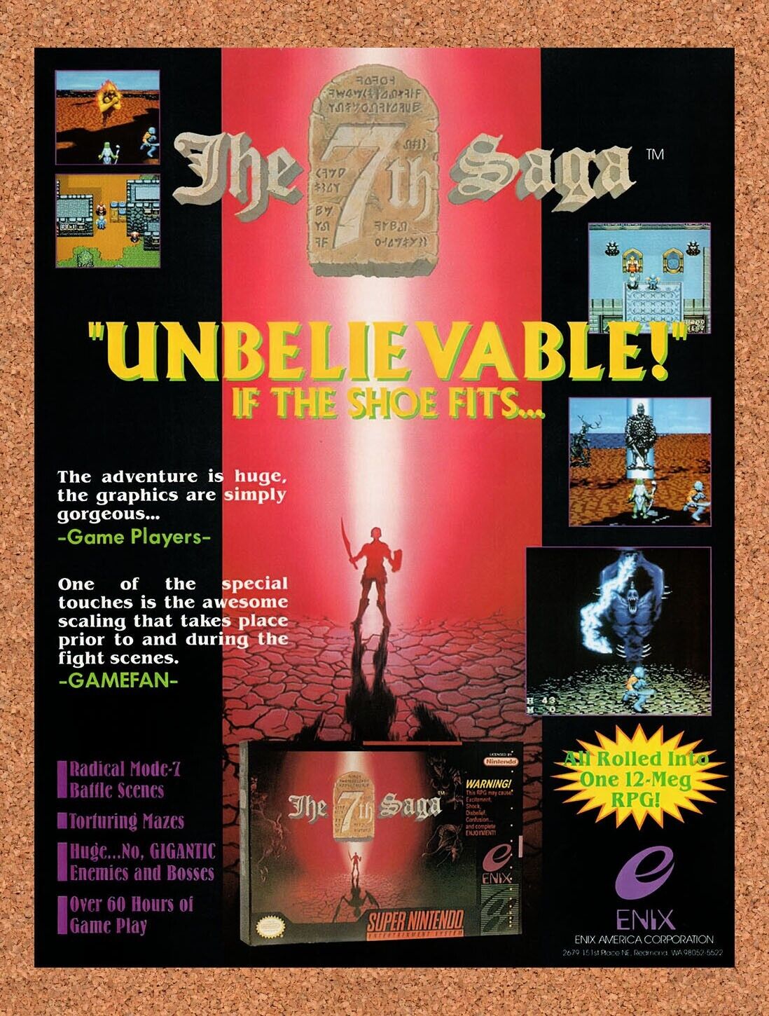 1993 The 7th Saga SNES Original Advertisement / Retro Wall Art v2