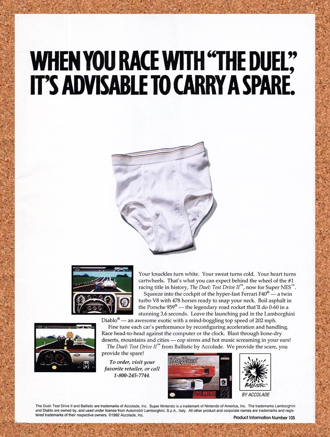 1993 The Duel Test Drive 2 SNES Original Advertisement / Retro Promo v1