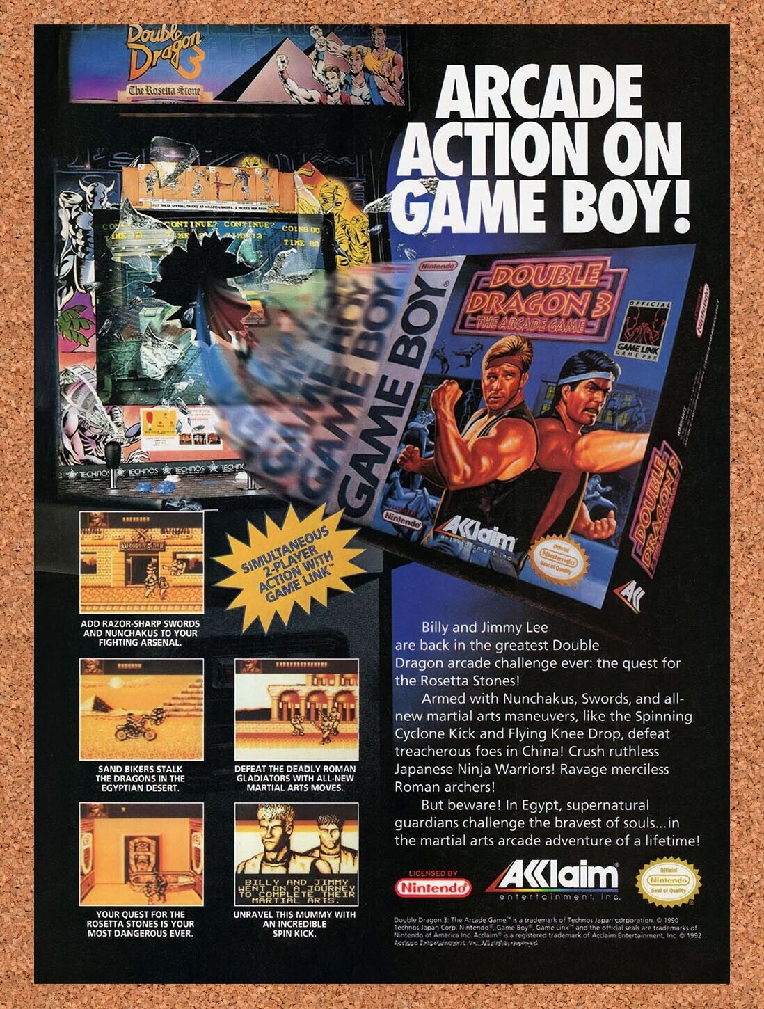 1992 Double Dragon 3 The Arcade Game Game Boy Original Ad / Retro Wall Art v3