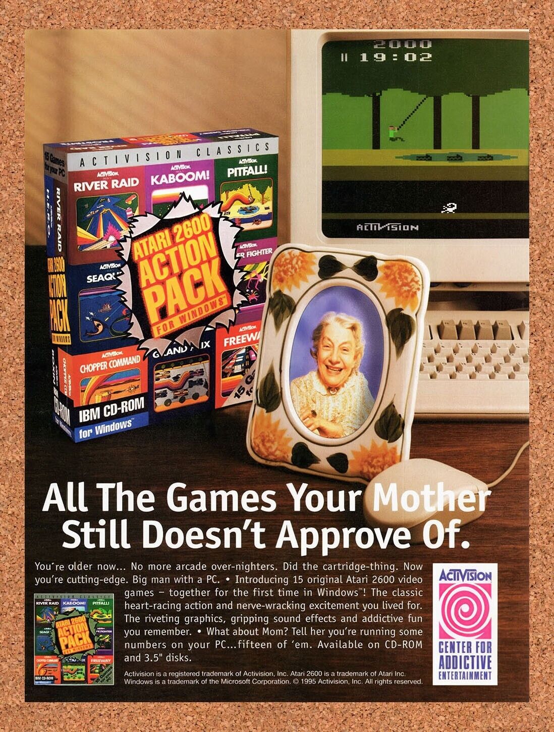 1995 Atari 2600 Action Pack For Windows PC Original Ad / Retro Wall Art v1