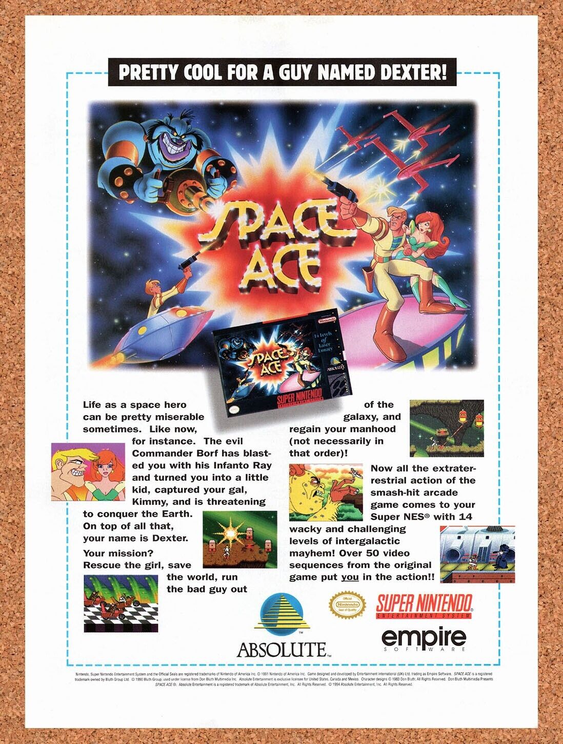1994 Space Ace SNES Original Advertisement / Retro Wall Art v1