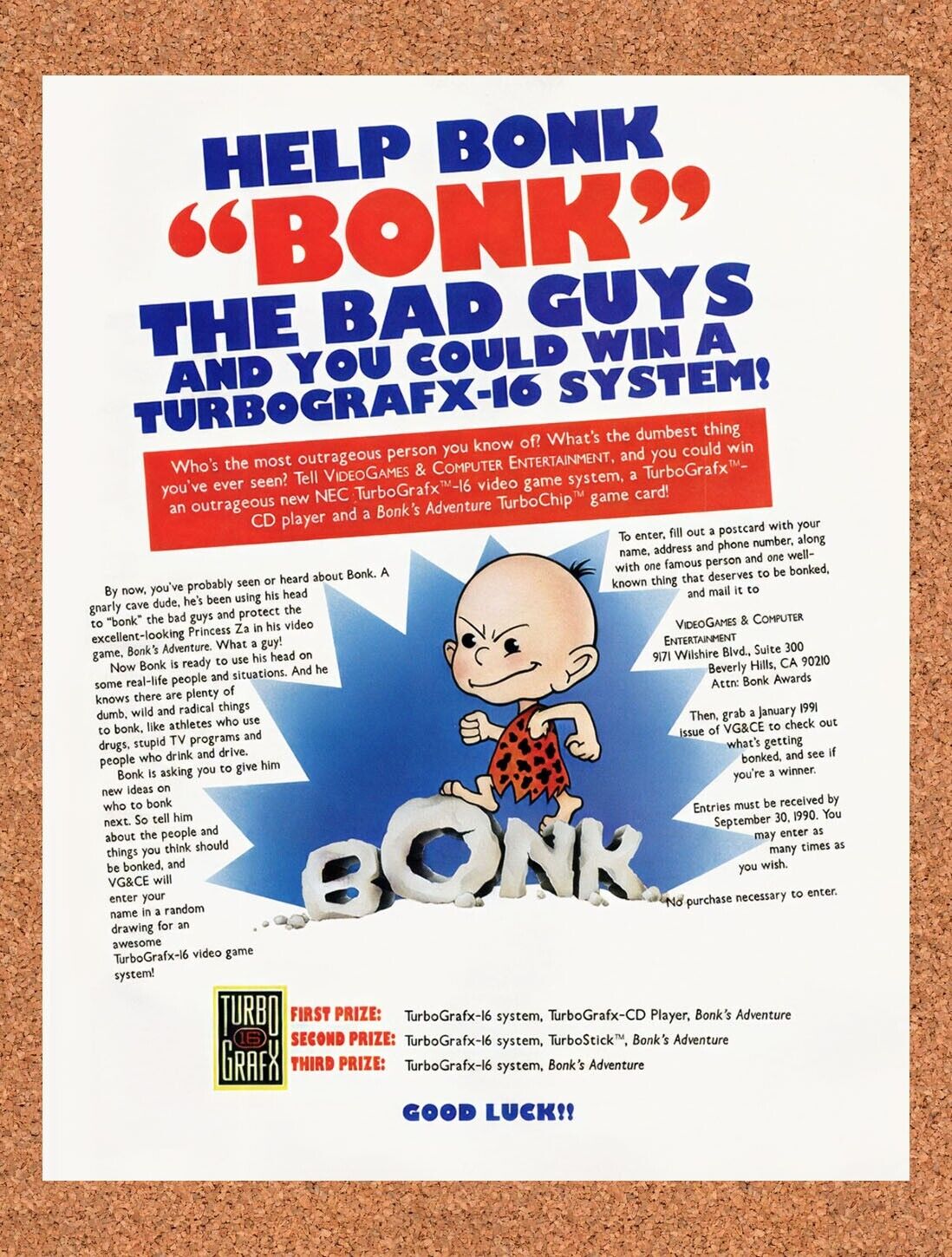 1990 Bonks Adventure Turbo Grafx-16 Sweepstakes Original Ad / Retro Wall Art v2