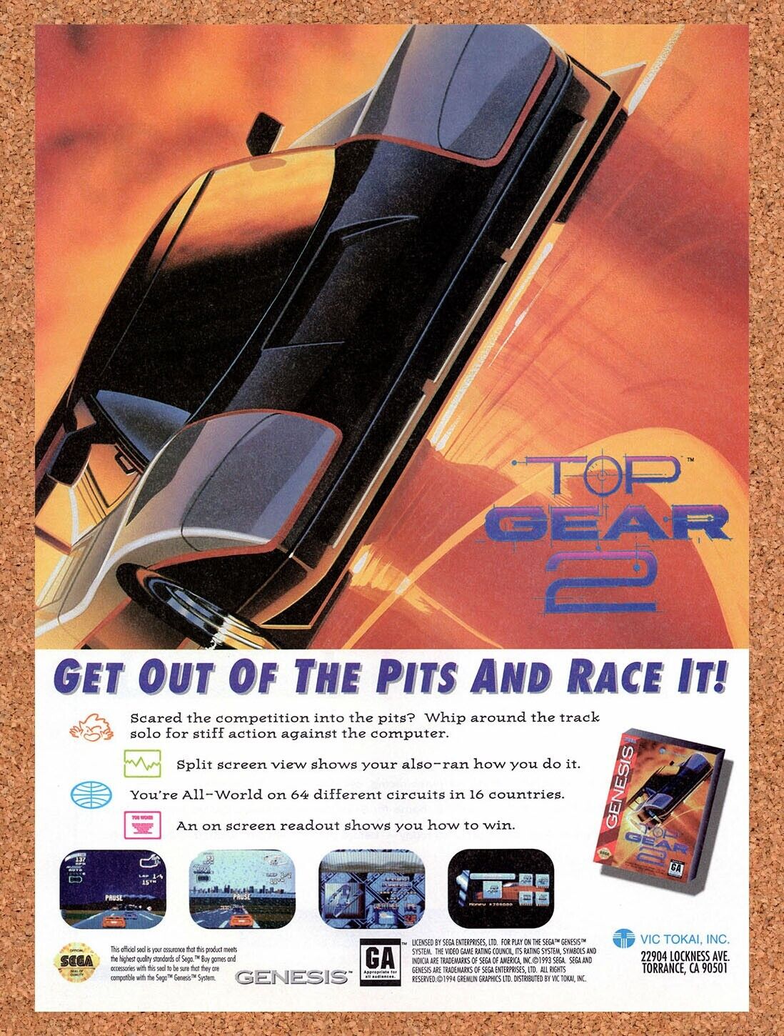 1994 Top Gear 2 Genesis Original Advertisement / Retro Wall Art v1
