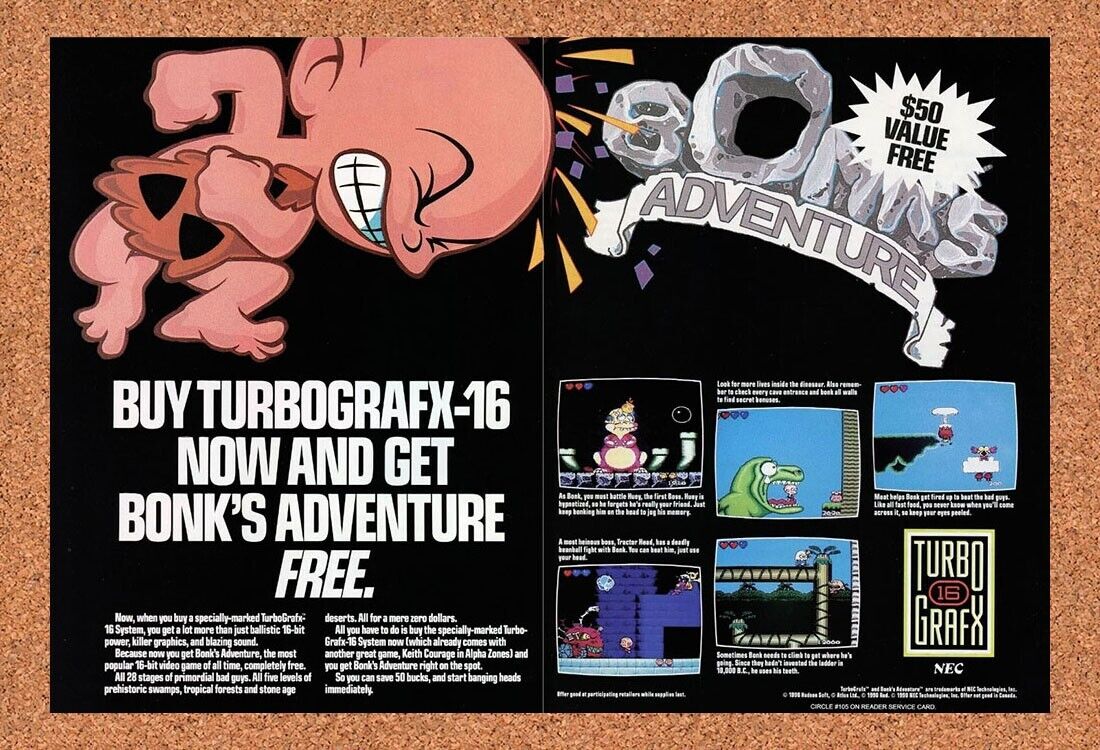 Bonk's Adventure Turbo Grafx-16 Original 1990 Ad Authentic Video Game Promo