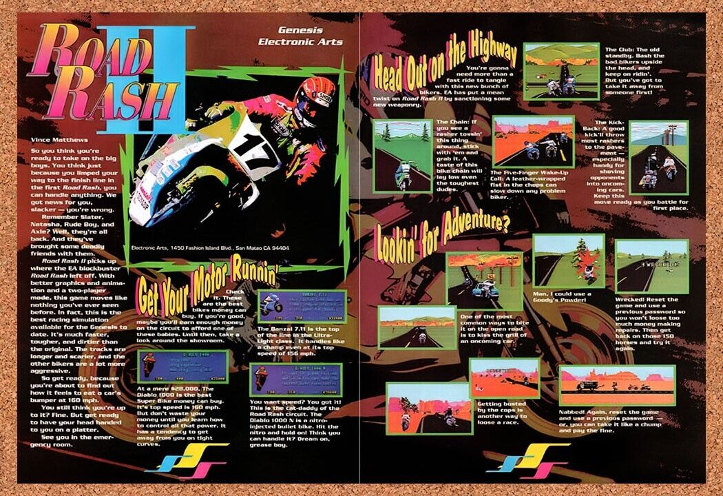 1993 Road Rash II Genesis Original Advertisement / Retro Wall Art v2