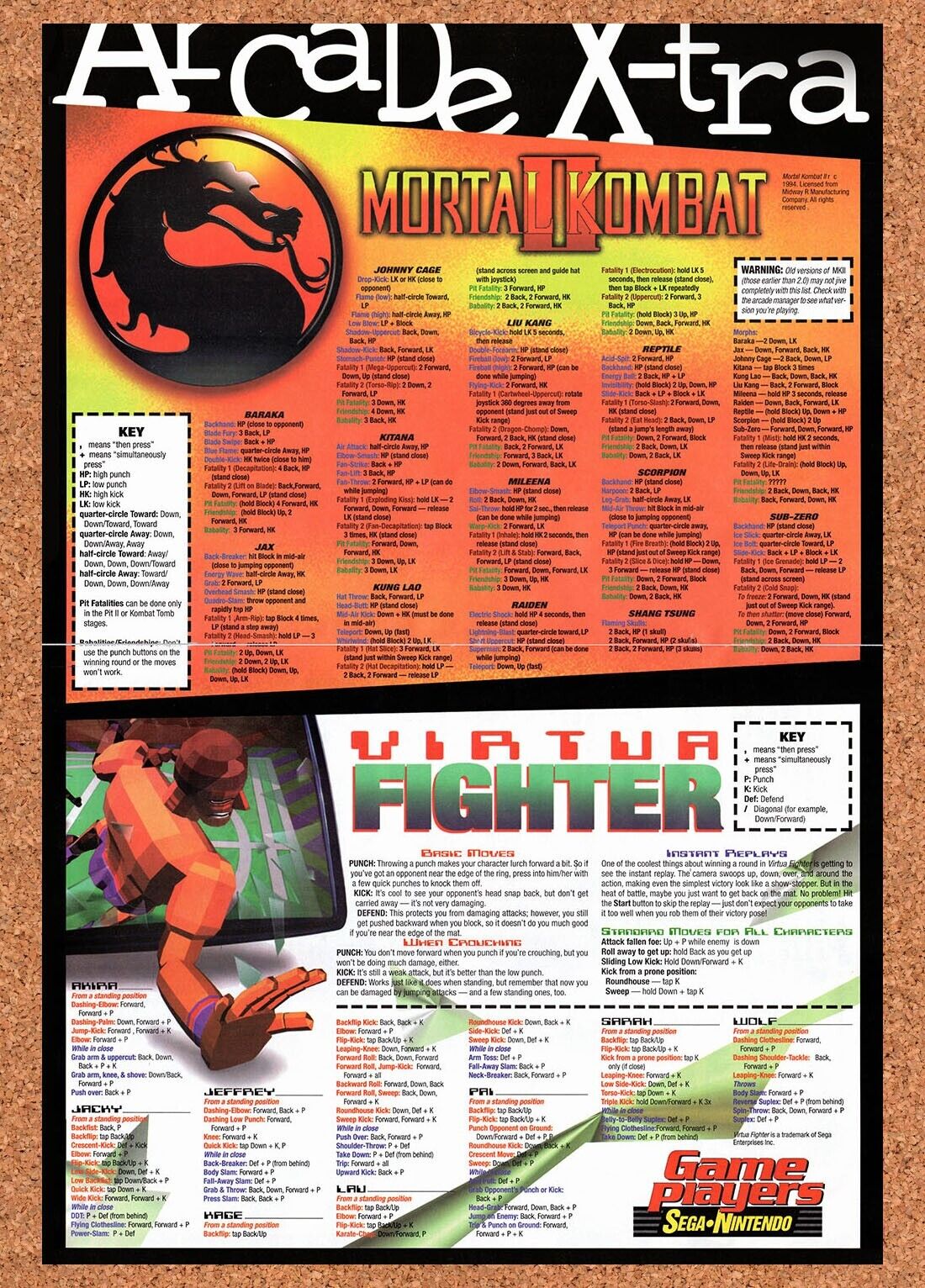 1994 Arcade X-tra Mortal Kombat II Virtua Fighter Original Ad / Retro Wall Art