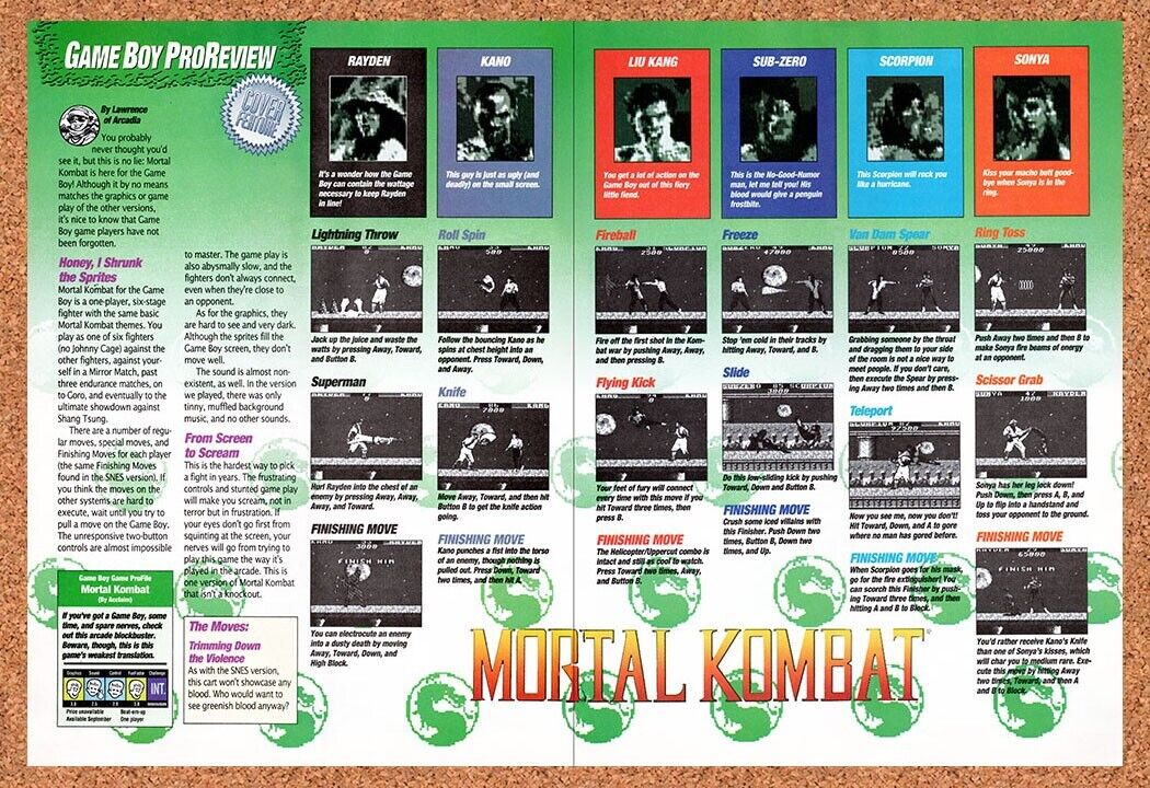 1993 Mortal Kombat Game Boy Original Advertisement / Retro Wall Art v12
