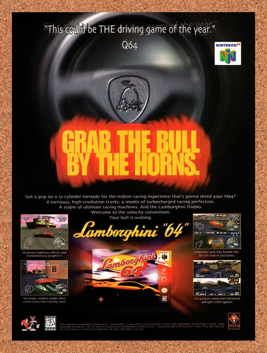 1998 Lamborghini 64 N64 Original Advertisement / Retro Wall Art v1