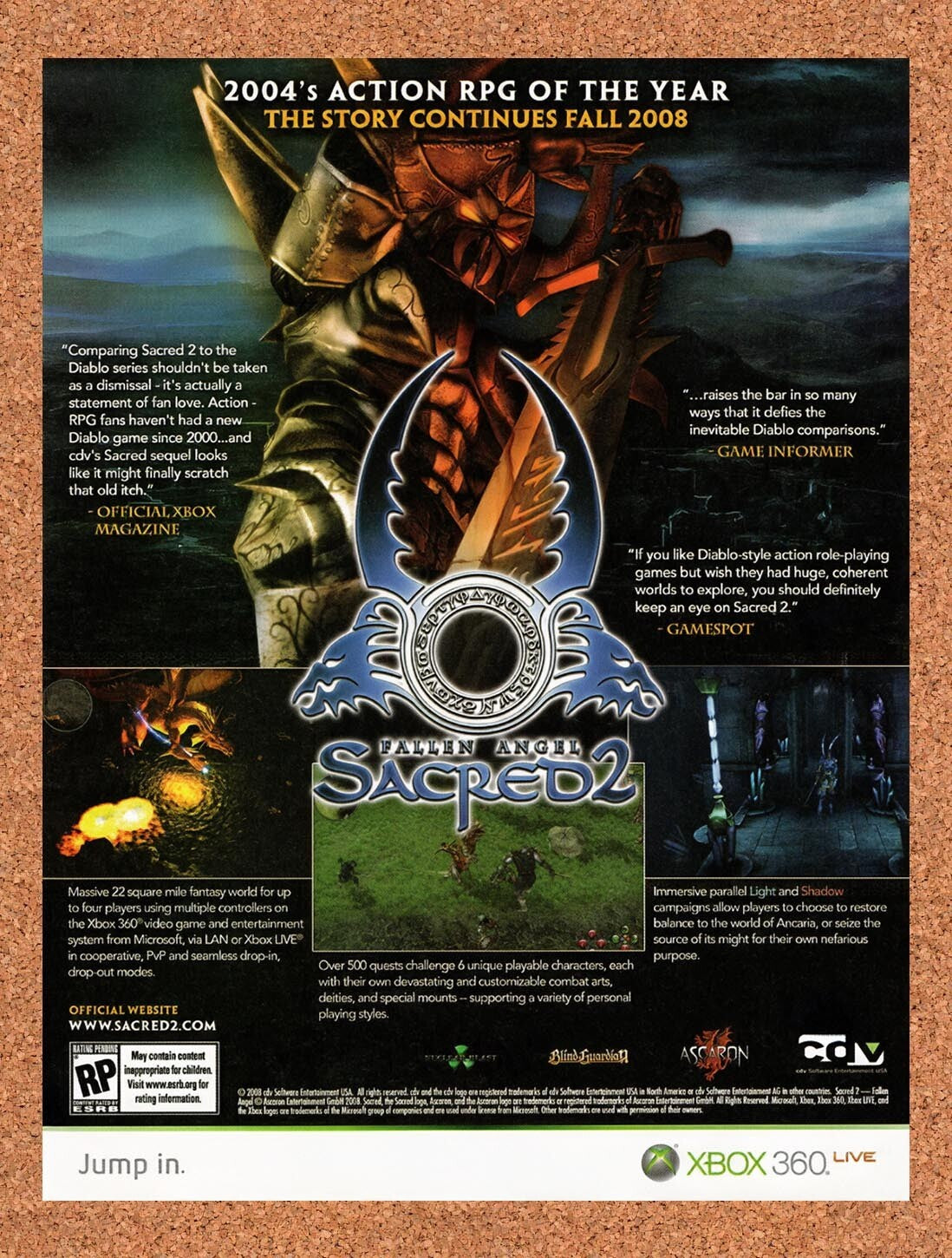 2008 Sacred 2 Fallen Angel Xbox 360 Original Advertisement / Retro Wall Art v3